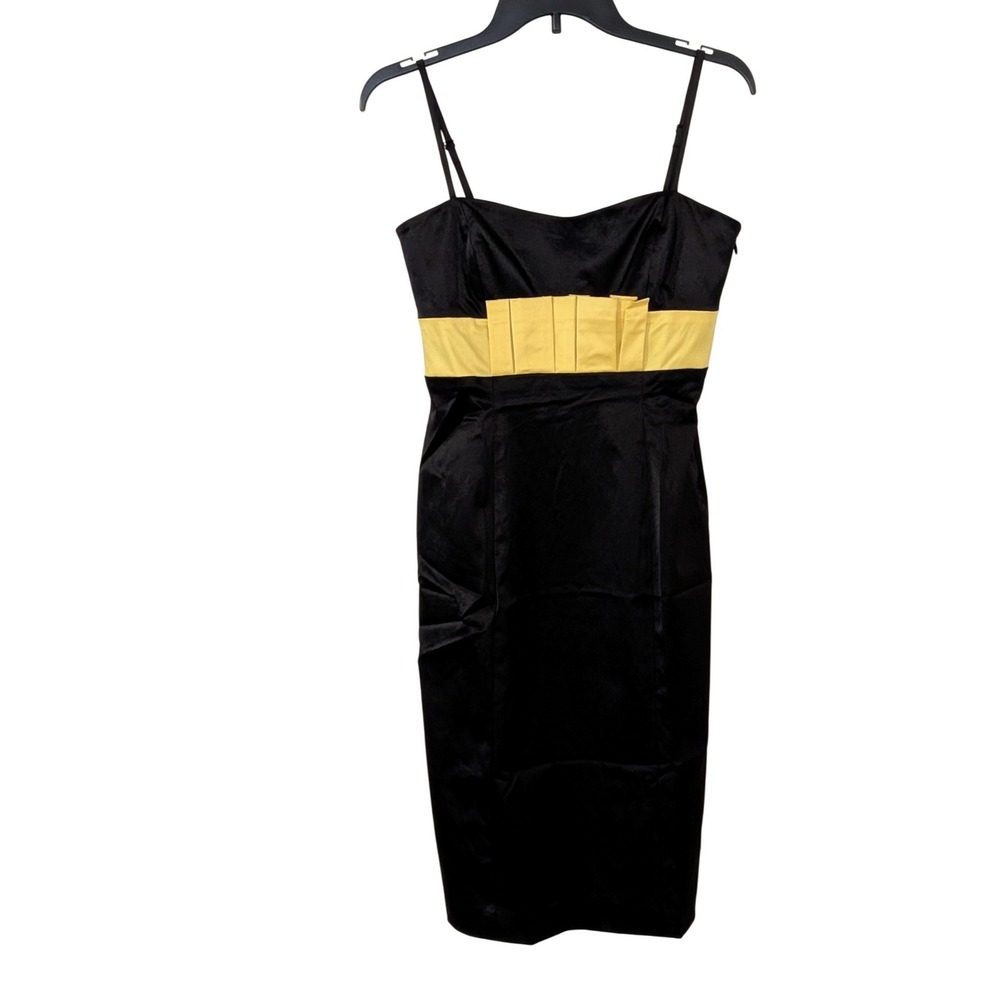 Nine West Dress Womens 4 Black Yellow Satin Sheath Cocktail Spaghetti Strap